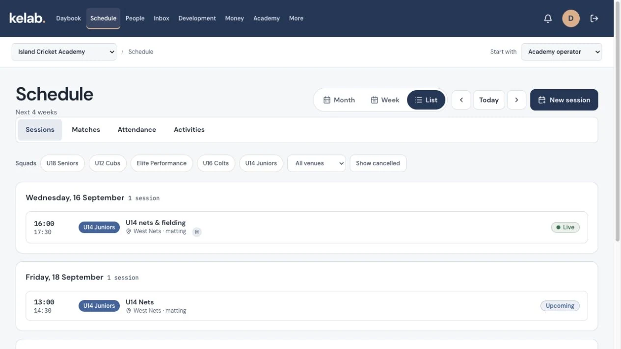 The schedule keeps sessions, groups and venues together.